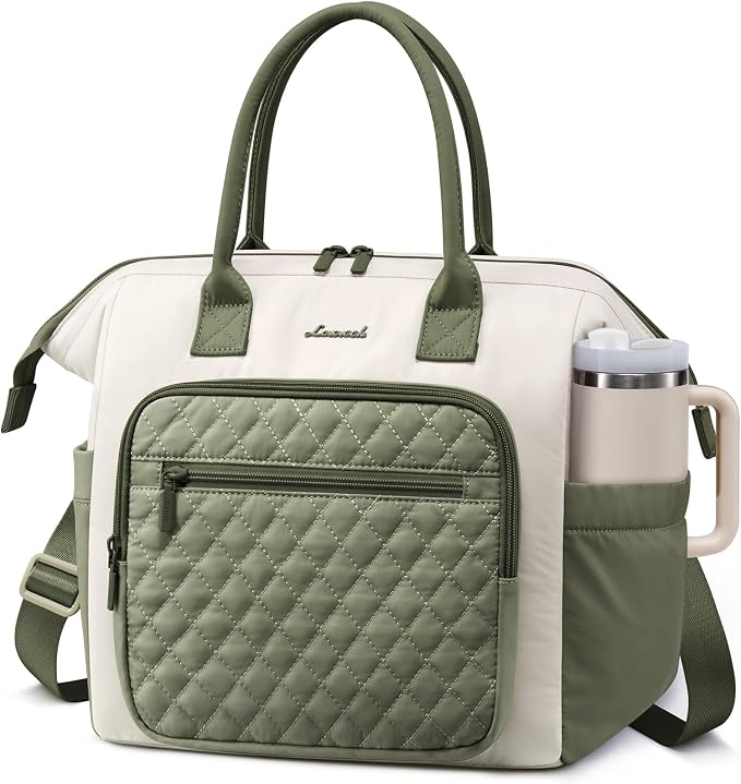 LOVEVOOK Lunch Bag Women, Puffer Insulated Adult Lunch Box for Women Work, Wide Opening Leakproof Cooler Tote for Office Campus Picnic Beach with Cup Holder, Loncheras Para Mujer with Shoulder Strap