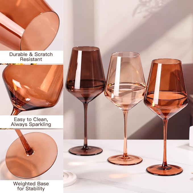 Venus Colored Wine Glasses Set of 6, Handblown Wine Glasse,Amber Coloful Glassware，17OZ for Red or White Wine,Wedding Gift, Anniversary, Christmas, Mothers Day Gifts,Gifts for My Wife