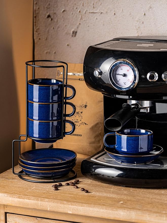 Gomakren 6 Ounce Cappuccino Cups with Saucers and Metal Stand, Stackable Coffee Cup Set of 4, Father's Day Porcelain Espresso Cups for Coffee Drinks, Cappuccino, Latte, Americano, Tea, Cobalt Blue