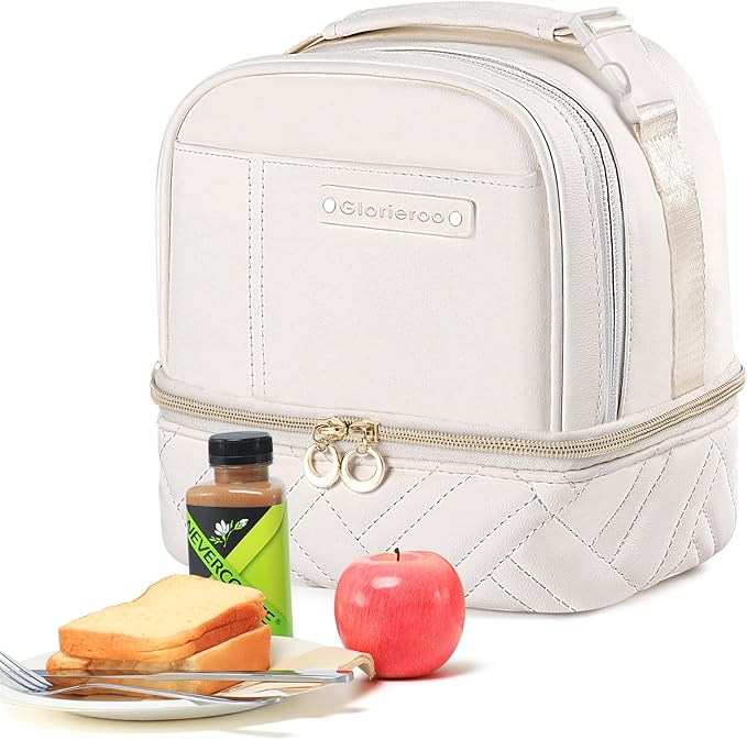 Double Deck Lunch Box Bag Women - Vegan Leather Insulated Waterproof Leakproof Cooler for Work Travel Picnics - Teacher Mothers Day Christmas Birthday Gifts
