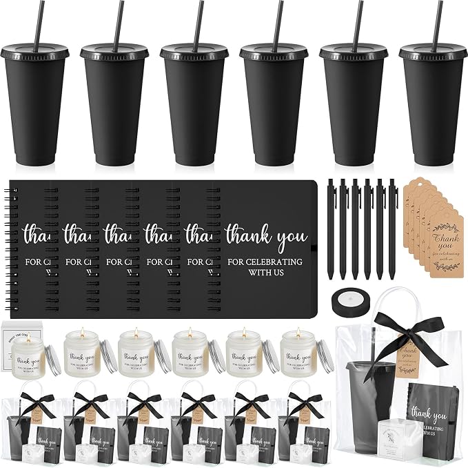 Nuogo 6 Sets New Parent Shower Prizes for Player Winners Adult, Wedding Bridal Shower Gift, Plastic Tumbler Notebook Scented Candle Ballpoint Pen Bag (Black Color,Classic Style)