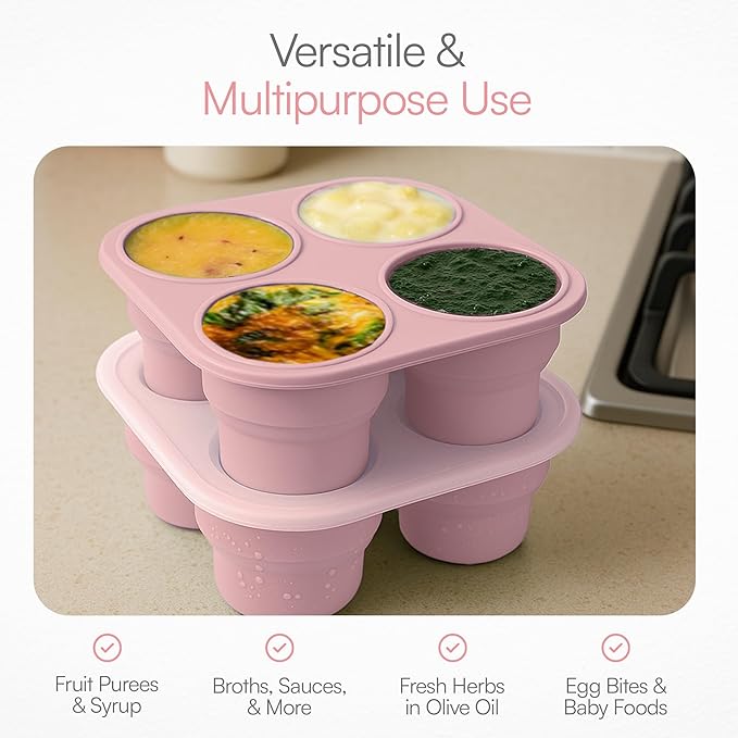 Silicone Freezer Tray with Lid - Stackable 2 oz Large Ice Cube Molds for Homemade Purees, Egg Bites, Broth Food Storage - Dishwasher Safe - Pink