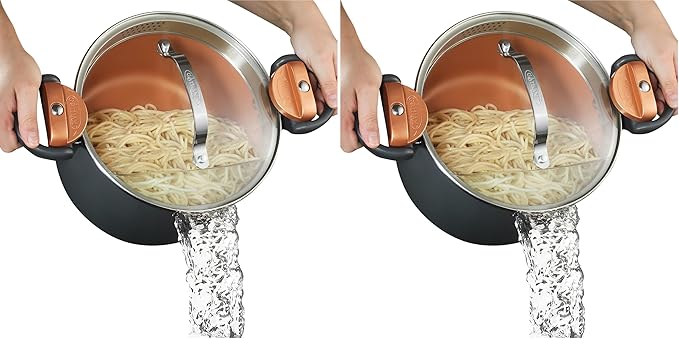 Gotham Steel 5 Quart Stock Pot Multipurpose Pasta Pot with Strainer Lid&Twist and Lock Handles,Nonstick Ceramic Surface Makes for Effortless Cleanup with Tempered Glass Lid,Dishwasher Safe,(Pack of 2)