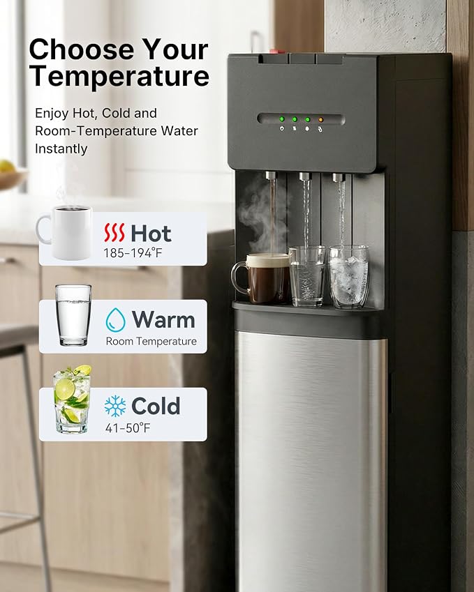 EUHOMY Bottom Loading Water Cooler Dispenser for 5 Gallon Bottle, 3 Temperature Freestanding Hot and Cold Water Dispenser with Stainless Steel Tank & Child Lock for Home Office, Black