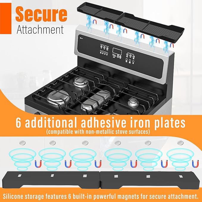 Stove Gap Covers Stainless Steel 2PC(0.08"–0.7"W,13.8"–27.5"L) + 30"(2x15") Magnetic Stove Shelf|2-in-1 Adjustable Counter Gap Filler&Range Organizer|Heat Resistant Bonus Cleaning Brushes&Pads
