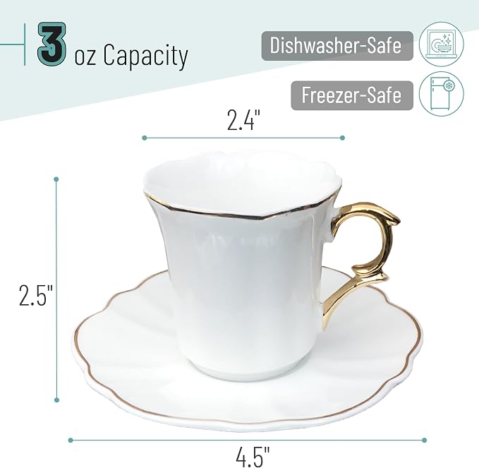 BTaT- Turkish Coffee Cup Set, 3 oz, 6 Set (12 pcs), Elegant White Cups & Saucers with Gold Trim & Gift Box, Small Porcelain Espresso Set for Serving Greek, Arabic & Turkish Coffee, Gift Giving