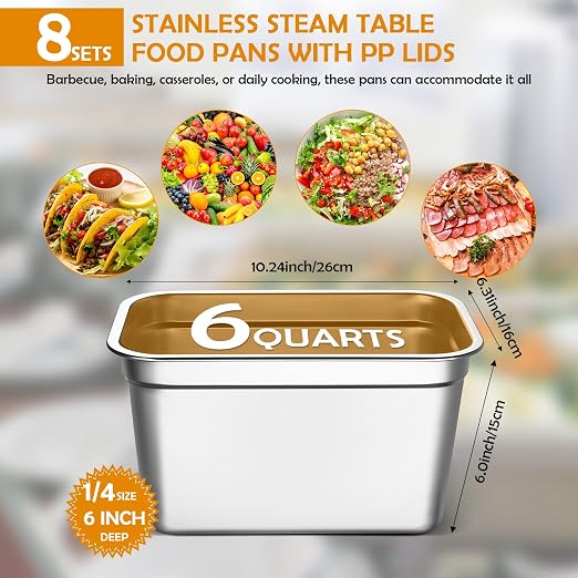 8 Pcs 304 Stainless Steel Food Storage Containers with Lid Hotel Pans for Kitchen Home Catering Food Prep Restaurant Buffet Hotel(6 Inch Deep)