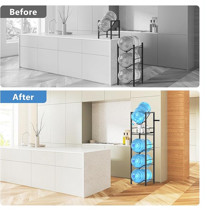 Eocnrhe 2-In-1 5 Gallon Water Jug Holder, 5 Tier Water Jug Stand Holder with 1 Dispenser Valves, 5 Gal Water Bottle Storage Rack Organizer for Kitchen, Office, Garage