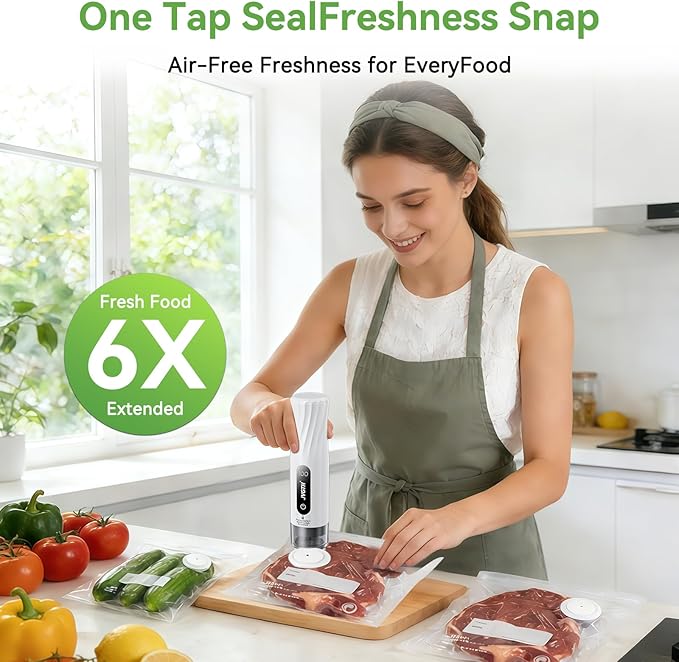 Handheld Vacuum Sealer (Food Storage):Compact Vacuum Sealer Food, 80kPa Suction, 1800 mAh Battery, 30 Reusable Sous Vide Bags, Preserve 6X Freshness For Kitchen, BBQ, Travel.