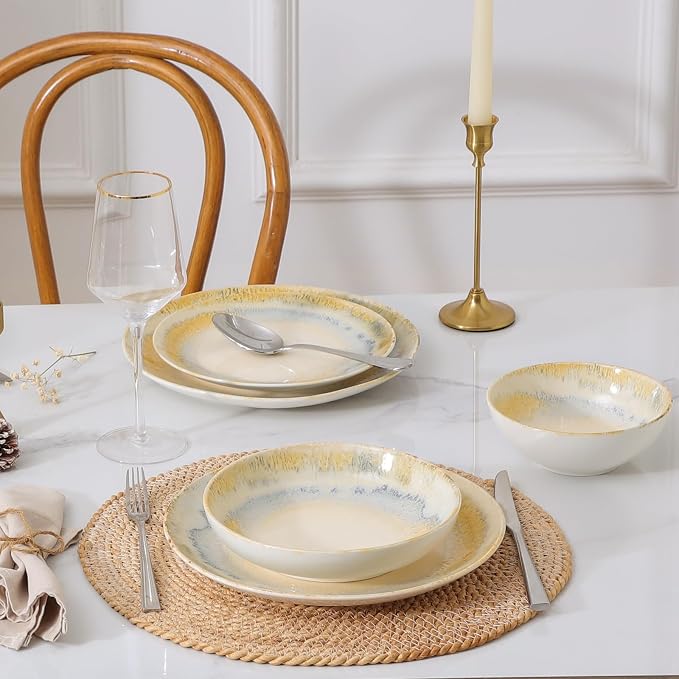 DOMICREVERY Ceramic Dinnerware Sets for 4, 16 pcs Plates and Bowls Sets, Lemon Sea