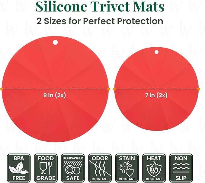 Larder & Vine Silicone Trivets for Hot Pots and Pans | Set of 4 Round Hot Pads for Kitchen | 7” & 9” Trivets for Hot Dishes | Heat-Resistant Silicone Mats for Kitchen Counter | Cabernet