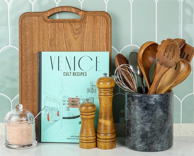 HillSpring Marble Spoon Rest for Kitchen, Black Utensil Rest for Stove Top, Coffee Station, 1 Pack + Black Marble Kitchen Utensil Holder, 1 Pack Weighted Utensil Organizer Crock for Countertop