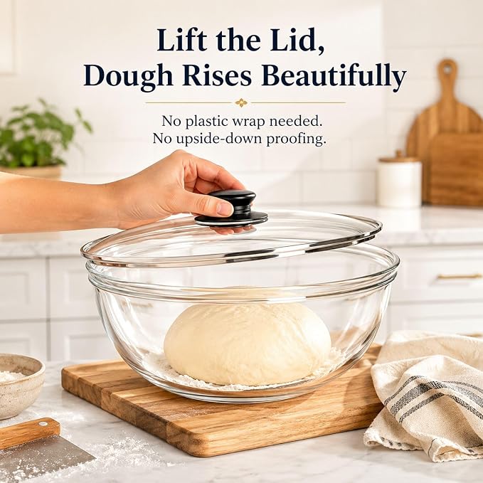 Large 6 QT Glass Mixing Bowl with Lid for Sourdough Bread Proofing Making | Glass Mixing Bowl for Sourdough Bread with Lid Clear Breads Proofing Bowl with Covers Ideal for Kitchen Storage