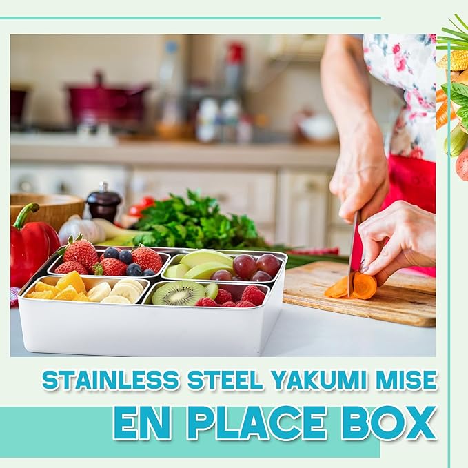 Boao 4 Compartment 304 Yakumi Pans Stainless Steel Seasoning Condiment Container with Lids Spoons, Japanese Yakumi Pans Mini Sauces Salad Dressings Storage for Food, Herbs, Spices