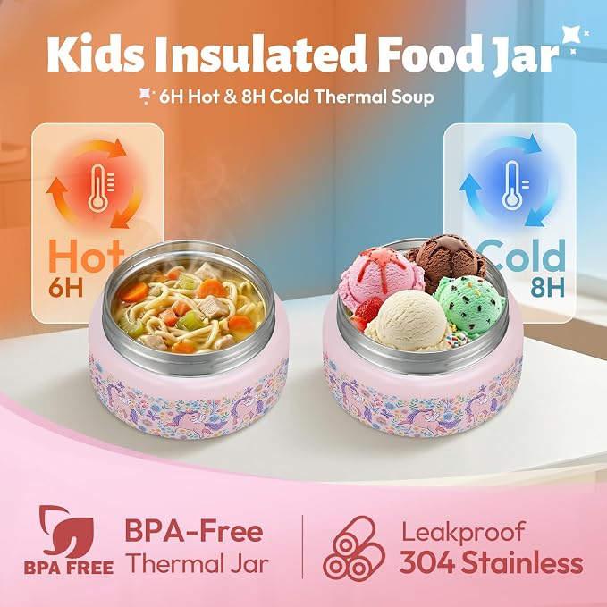 Itslife Bento Box for Kids Set, Insulated Food Container,Kids Lunch Box, 7 oz Thermos for Hot Food, 12 oz Thermos Water Bottle, Reusable Insulated Ice Bag & Fork Spoon Utensils Camping Travel Pink