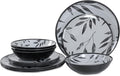 12pcs Melamine Dinnerware Set - Service for 4 Melamine Plates and Bowls Set, Unbreakable Dinner Salad Dessert Plate, Cereal Bowl Set for Indoor/Outdoor, Gray Leaf