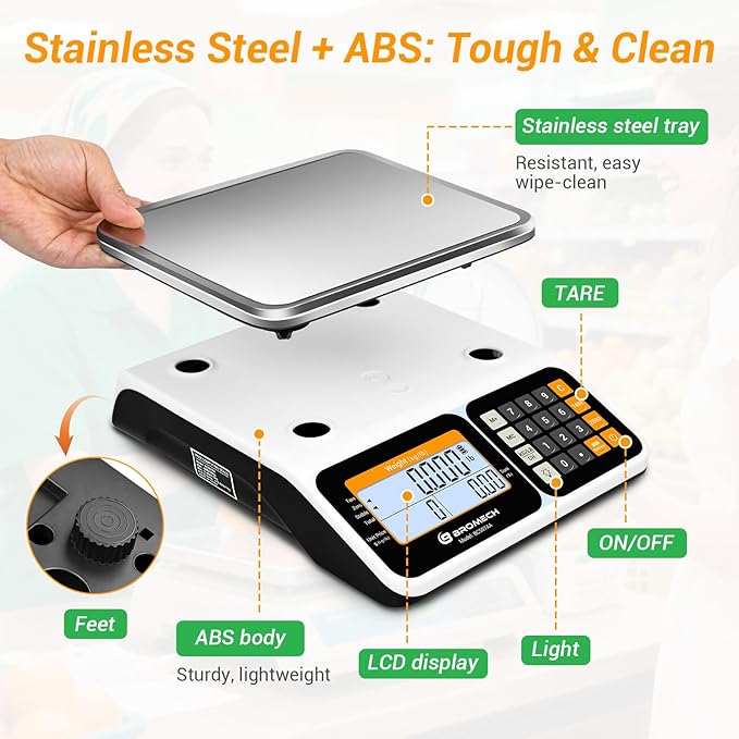 Commercial Food Scale 66lb/30kg, High Precision Digital Price Computing Scale for Farmers Marke, Deli, Dual Backlit LCD Display, Stainless Steel Platform, Rechargeable Battery for Produce Meat