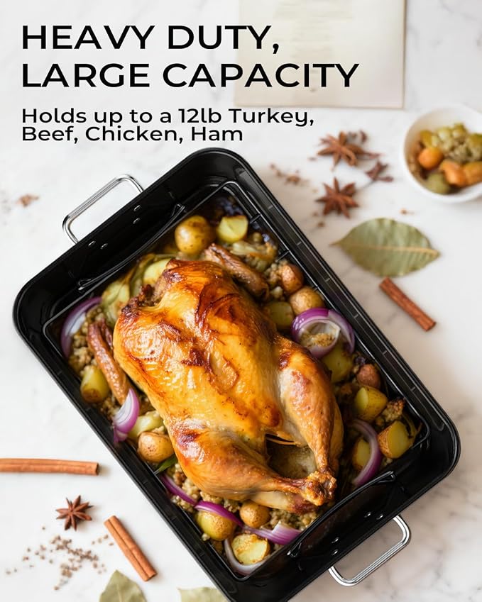Turkey Roasting Pan with Rack Non stick Carbon Steel Roaster 16x11 Inch, Dishwasher Safe, Deep Baking Broiler Pan for Oven Chicken, Bacon, Black