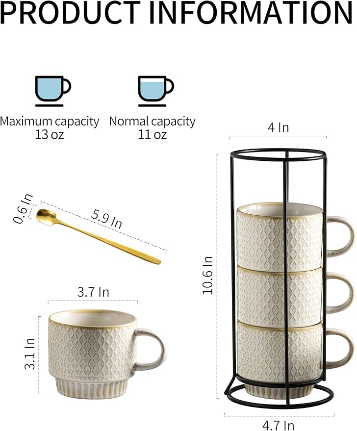 Gomakren Coffee Mugs Set of 4, 13 Ounce Stackable Coffee Mugs with Stand, Father's Day Ceramic Coffee Cups with Spoon for Coffee, Espresso, Cappuccino, Latte, Cocoa, Tea and Milk, Creamy White