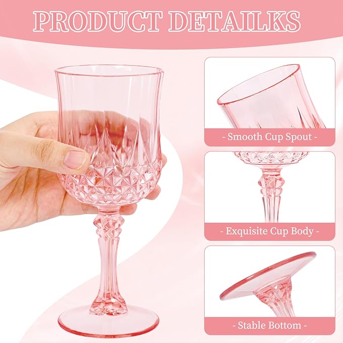 48 Pack Light Pink Plastic Wine Glasses, Vintage Plastic Goblets for Parties, Drinking Glasses Unbreakable Glassware Crystal Water Goblets Reusable Drinkware for Wedding Reception Grand Event Party