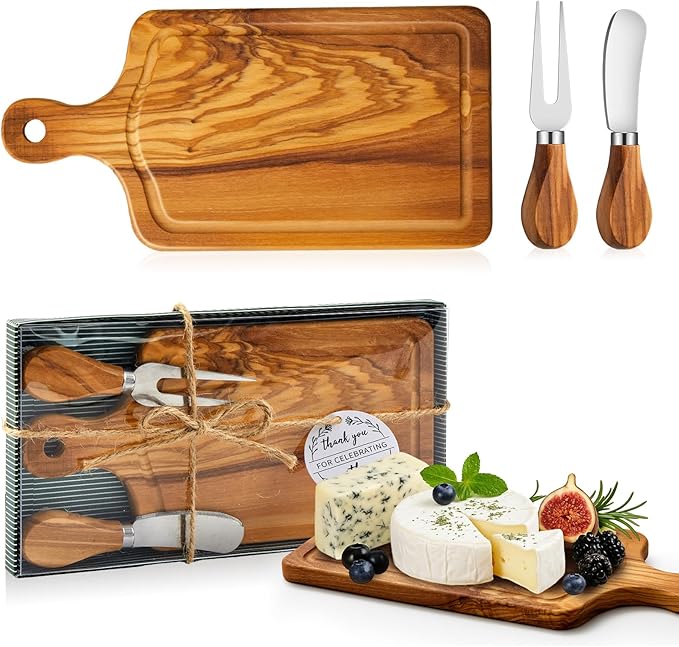 Ziliny 1 Set Bridal Baby Shower Cheese Prizes Wooden Square Board Gift Set Knives Forks Thank You Tags with Box for Guests for Valentines Bridal Baby Shower Housewarming (Olive Wood)