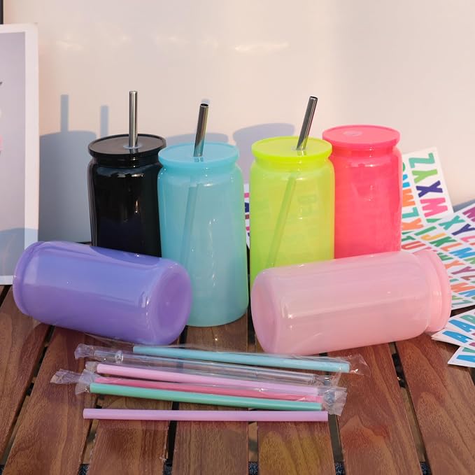16 oz Plastic Cups Reusable with Lids and Straws & DIY Sticker, 12Pack Acrylic Mason Jars Iced Coffee Drinking Glasses Cup for Park Picnic, Poolside, Party Giveaways, Jelly Color