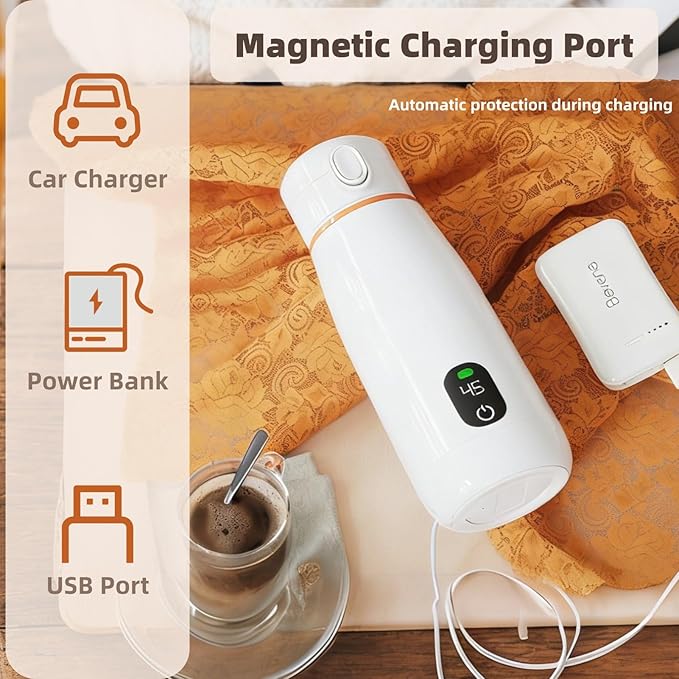 Travel Electric Kettle, 316 Stainless Steel USB Rechargeable Cordless Heating Portable 350ml Hot Water Boiler with Thermal Insulation, for Outdoor Camping Car Office