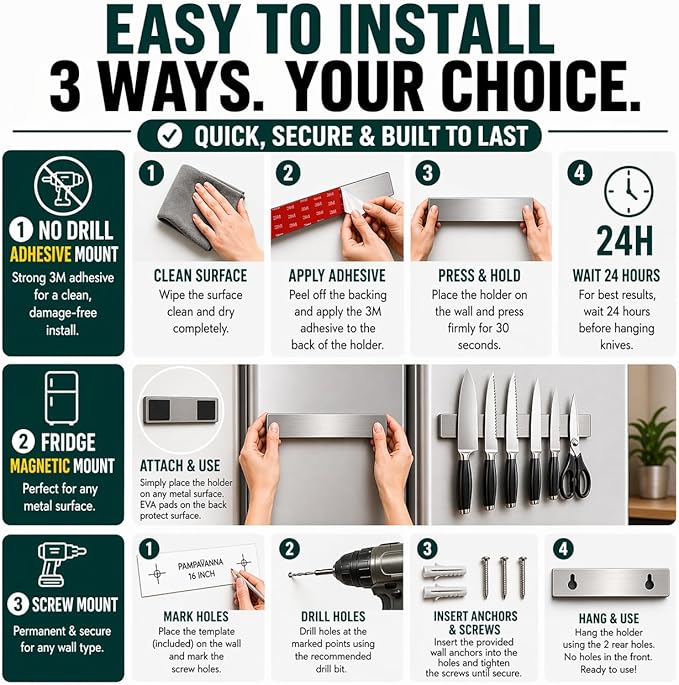 Magnetic Knife Holder 16 Inch Silver – Classic Stainless Steel Strip, Rack & Bar for Wall or Fridge, No Drill Adhesive Kitchen Organizer, Premium Gift by Pampavanna
