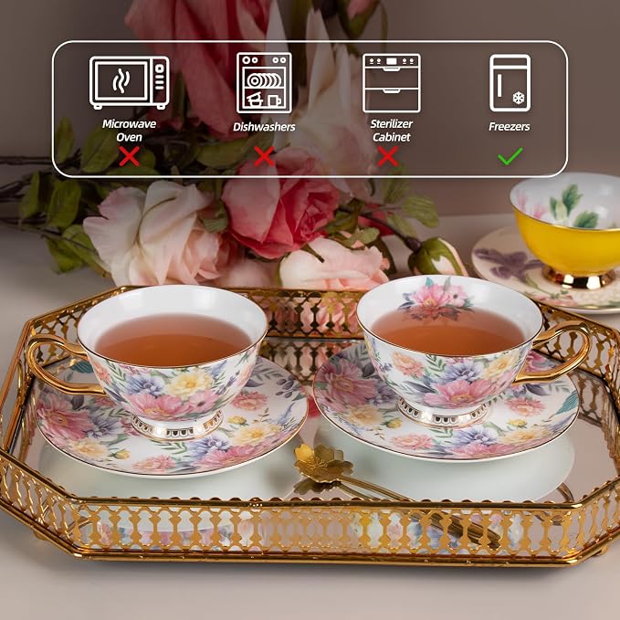 KAMMAK Tea Cups and Saucers Set of 2, Porcelain Coffee Cups, Stackable Espresso Mugs, Ceramic Demitasse for Coffee, Cappuccino, Latte, Americano, Tea, Blooming Flowers