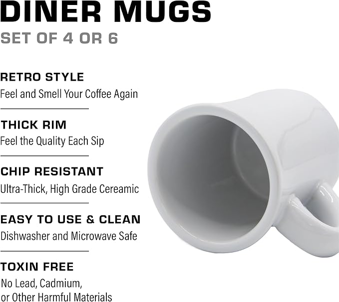 COLETTI Diner Coffee Mugs — Restaurant Coffee Mugs, Retro Coffee Mug – Sturdy & Heavy Diner Mug – Nostalgia in Every Sip [White, 11 oz, Set of 6]