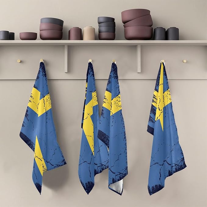 Swedish Flag Flag Grunge Design Kitchen Towels Set with Hanging Loop, Kitchen Hand Towels, Tea Towels, Premium Dish Towels for Kitchen, Quick Drying Kitchen Towel Set 18”x 28”