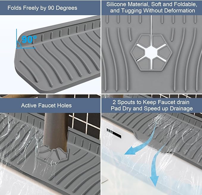 Sink Drain Mat Behind Faucet,Faucet Guard Draining Mat, 90° Foldable Tap Draining Mat for Kitchen Sink with 2 Water Ports, Faucet Drain Mats for Kitchen, Bathroom, etc (Gray, 29.5"*6.1")