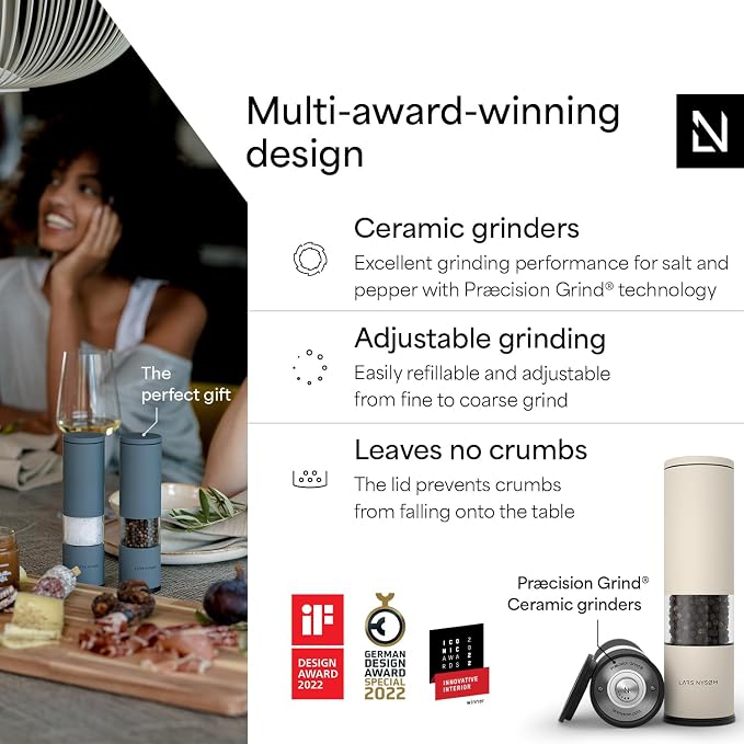 LARS NYSØM Salt and Pepper Grinder Set Manual, Stainless Steel Salt and Pepper Mills with Adjustable Ceramic Grinder I Design Spice Shakers (Black/Beige)