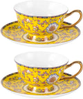 KAMMAK Tea Cups and Saucers Set of 2, Porcelain Coffee Cups, Stackable Espresso Mugs, Ceramic Demitasse for Coffee, Cappuccino, Latte, Americano, Tea, Full Bloom Yellow