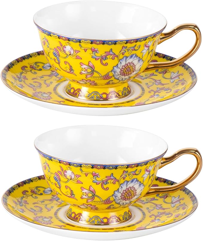 KAMMAK Tea Cups and Saucers Set of 2, Porcelain Coffee Cups, Stackable Espresso Mugs, Ceramic Demitasse for Coffee, Cappuccino, Latte, Americano, Tea, Full Bloom Yellow