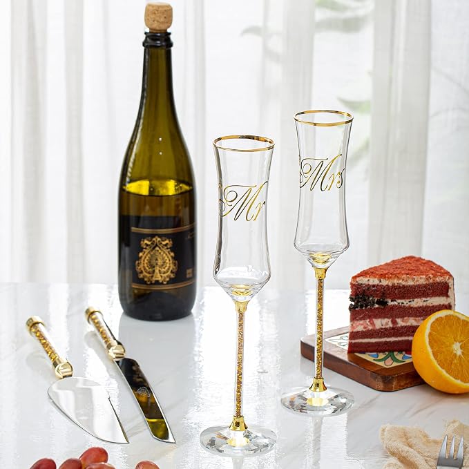 Wedding Cake Knife and Server Set, Wedding Cake Cutting Set with Mr and Champagne Flutes Glasses for Bride and Groom Gifts for Couples