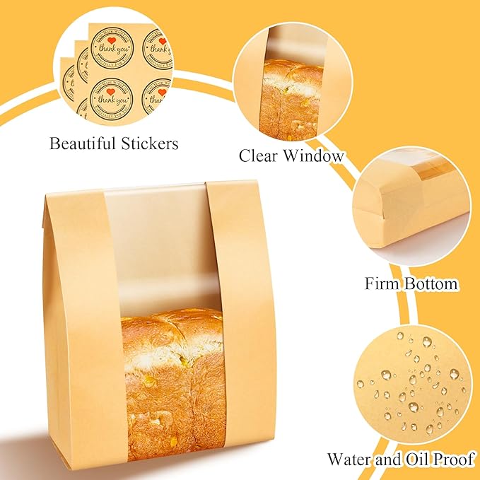 ONLYFU 200 Pack Paper Sourdough Bread Bags, 14" x 8.3" x 3.5" Large Baked Cookies Storage Bag with Clear Window for Bakery Homemade Bread, Brown Bread Packaging Bags with 200 Label Seal Stickers