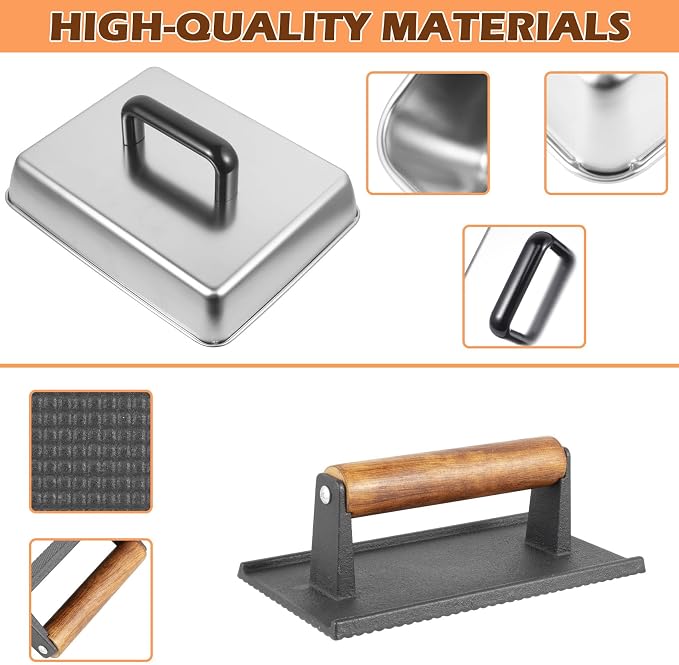 12 x 9 Inch Rectangular Basting Cover and Grill Press Kit for Blackstone Accessories, Universal BBQ Melting Dome Steaming Lid & Smash Burger Press for Flat Top Teppanyaki, Dishwasher Safe