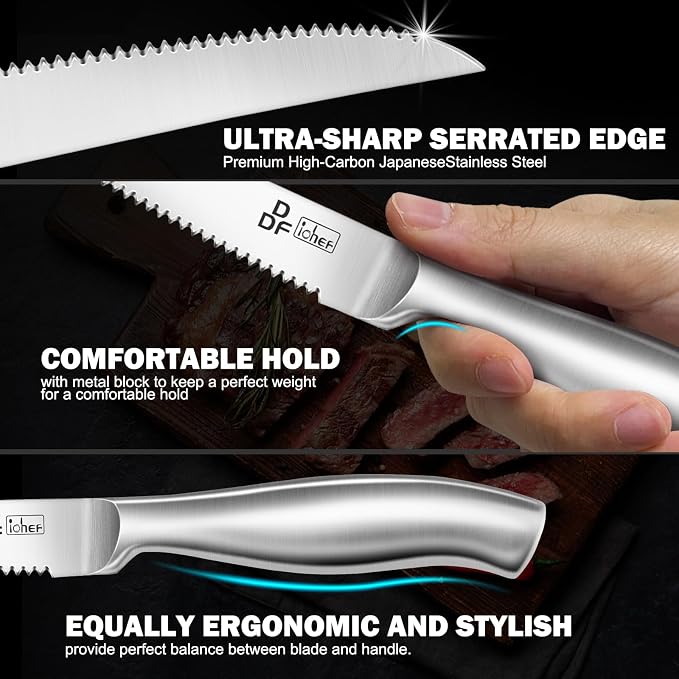 DDF iohEF Steak Knife Set, 8 Piece Steak Knife, High Carbon Japanese Stainless Steel Serrated Steak Knives