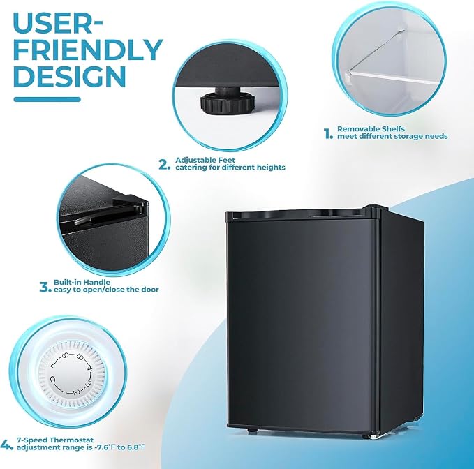 Electactic 2.1 Cu.ft Small Freezer, Mini Upright Freezer with 7 Adjustable Thermostat, Removable Shelves, Reversible Single Door, for Bedroom/Home/Dorms/Apartment (Black)