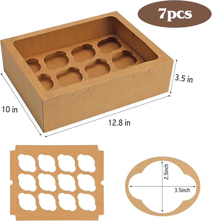Moretoes 7 Pack Auto-popup Cupcake Boxes Hold 12 Standard Cupcakes, Cupcake Containers with Window and Inserts, Bakery Supplies for Muffins Cookies Treats Dessert (Brown)