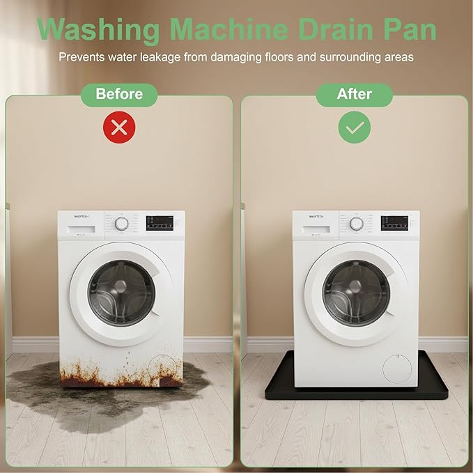 27x27 Inch Silicone Washing Machine Drain Pan – Fits Compact Washers up to 3.5 cu. ft., Waterproof Leak Protection Mat, Anti-Vibration Floor Protector, Black