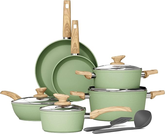 DishDelight Green Induction Pots and Pans Set, 12 Piece Cooking Pot and Pan Set Nonstick, Granite Kitchen Cookware Set Non Toxic, PFOA&PFOS Free