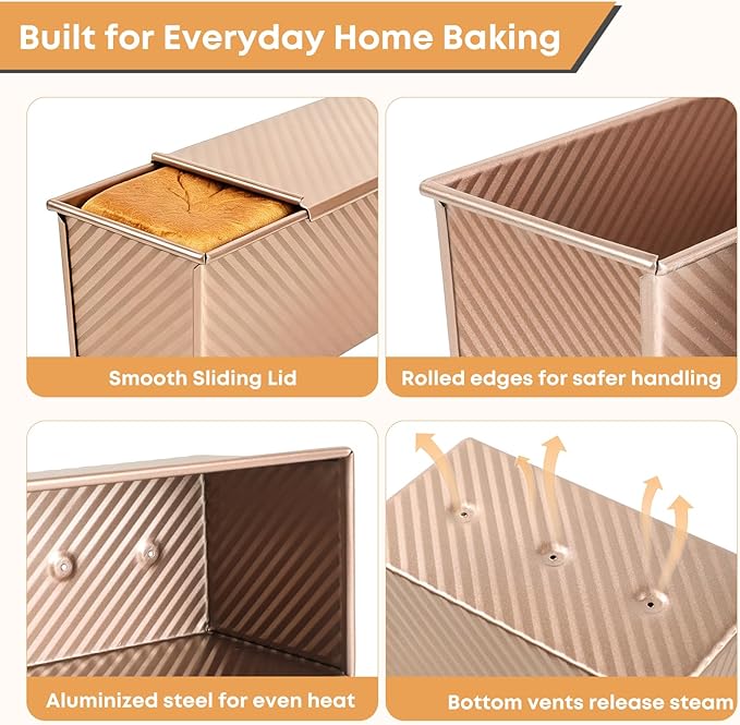 Pullman Loaf Pan with Lid Set of 3, Aluminized Steel Bread Pans for Homemade Sandwich Bread, 4 Inch Mini, 8.4 Inch Daily and 13 Inch Family Loaf Pans for Oven Baking