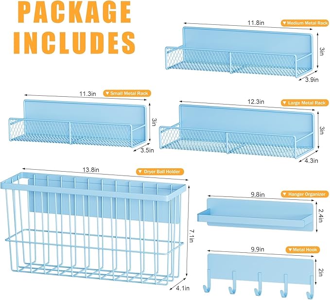 DTUQYX 6-Pack Magnetic Shelves for Washing Machine & Refrigerator, Heavy-Duty Laundry Organizer with Hanger Holder & Deep Baskets, Metal Storage System for Laundry Room (Blue)