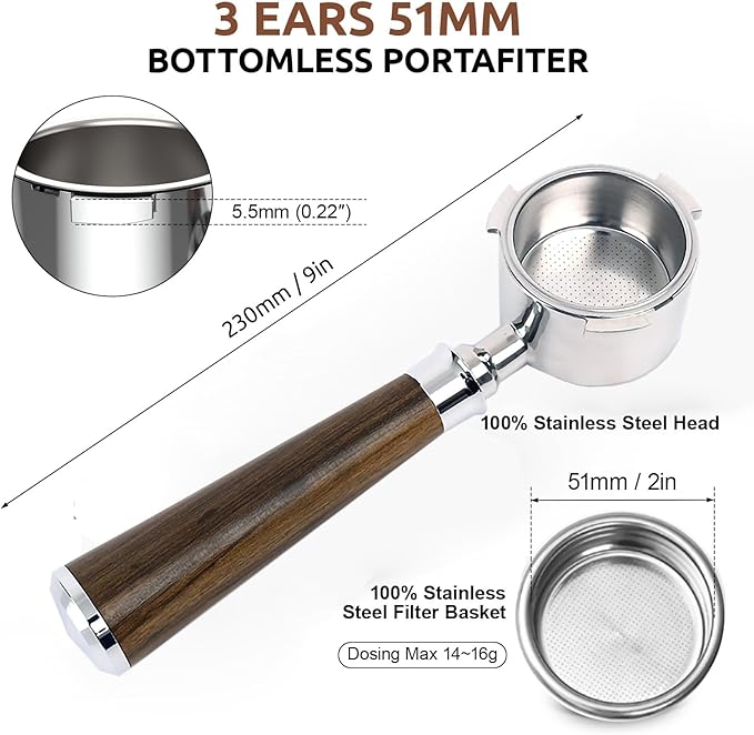 51mm 3 Ear Bottomless Portafilter for De Longhi EC680 EC685 EC885, Davonpha Professional Espresso Portafilter wi th Stainless Steel Basket & Black Rosewood Handle