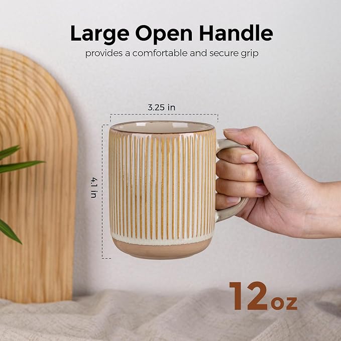 GBhome 12oz Coffee Mugs Set of 4, Handmade Stoneware Coffee Mugs Set with Large Handle for Cappuccino/Latte/Tea/Hot Cocoa, Dishwasher & Microwave Safe-Pale khaki