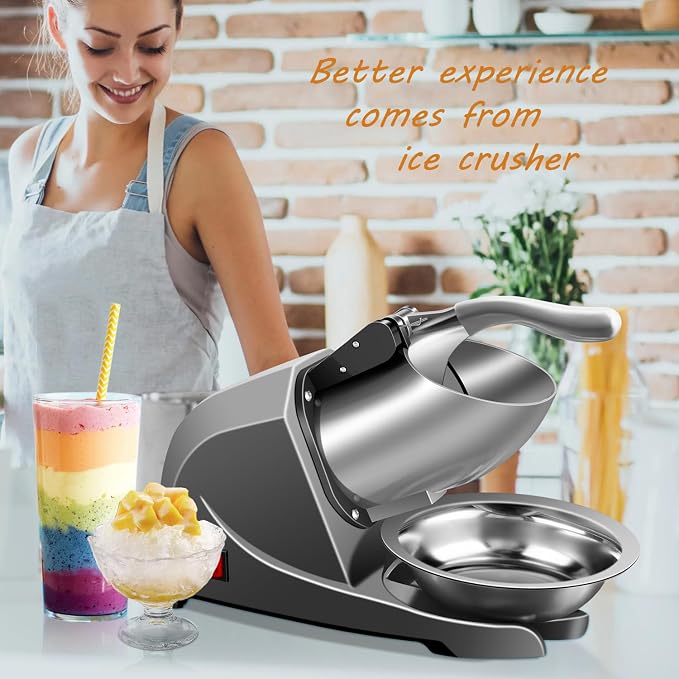 4-Blade Ice Shaver Snow Cone Maker Prevent Splash Stainless Steel ice Crusher Machine,200lbs/hr with ice Tray for Home and Commercial Use（Silver）