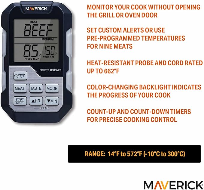 Maverick Single Probe BBQ Thermometer & Timer, Pre-Programmed Temps for 9 Meats, Color-Changing Display, Heat-Resistant Probe (662°F), Count-Up/Down Timer, Audible & Visual Alerts, Magnetic