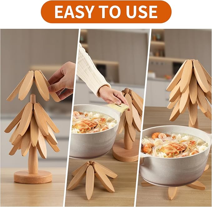 Vertdens Wooden Trivets for Hot Dishes, Hot Dish Coaster with Tree-Shaped Wood Collapsible Hot Pad Trivet Tree for Restaurant, 4 Wooden Trivet + 1 Stand（Beech Wood）